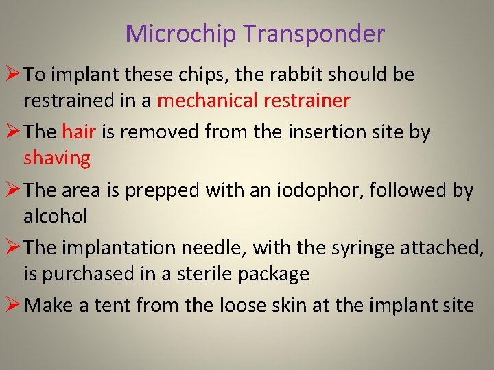 Microchip Transponder Ø To implant these chips, the rabbit should be restrained in a