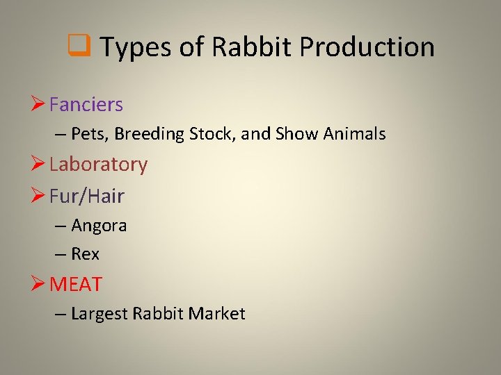 q Types of Rabbit Production Ø Fanciers – Pets, Breeding Stock, and Show Animals