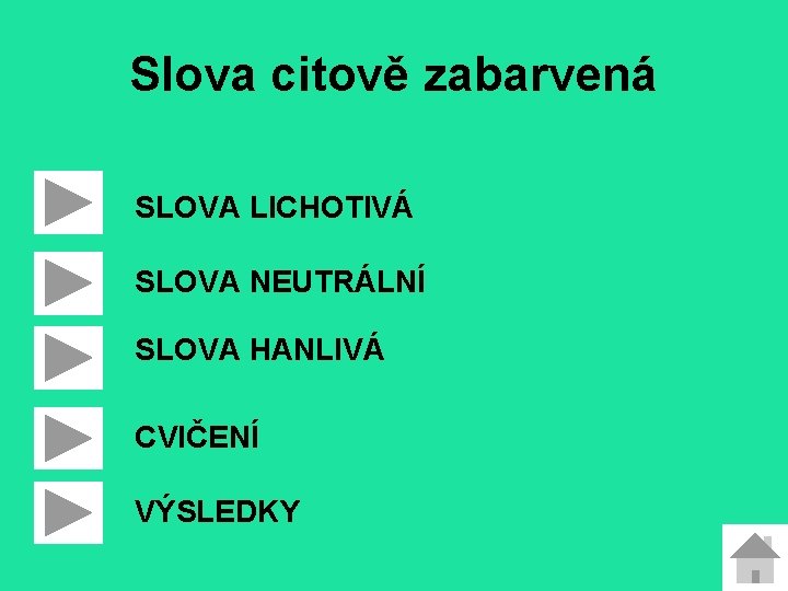 Slova citově zabarvená SLOVA LICHOTIVÁ SLOVA NEUTRÁLNÍ SLOVA HANLIVÁ CVIČENÍ VÝSLEDKY 