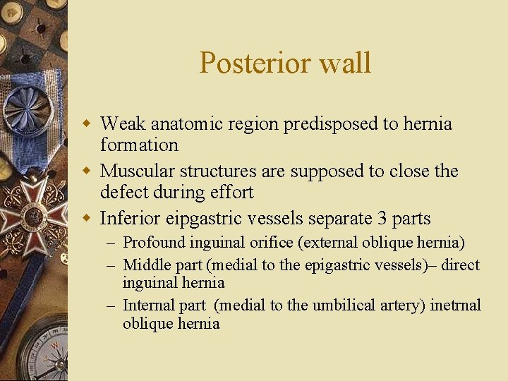 Posterior wall w Weak anatomic region predisposed to hernia formation w Muscular structures are
