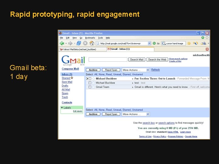 Rapid prototyping, rapid engagement Gmail beta: 1 day 