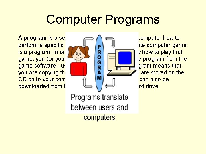 Computer Programs A program is a set of instructions that tells the computer how