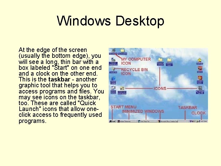 Windows Desktop At the edge of the screen (usually the bottom edge), you will