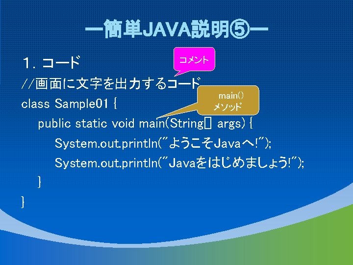 ー簡単JAVA説明⑤ー １．コード コメント //画面に文字を出力するコード main() class Sample 01 { メソッド public static void main(String[]