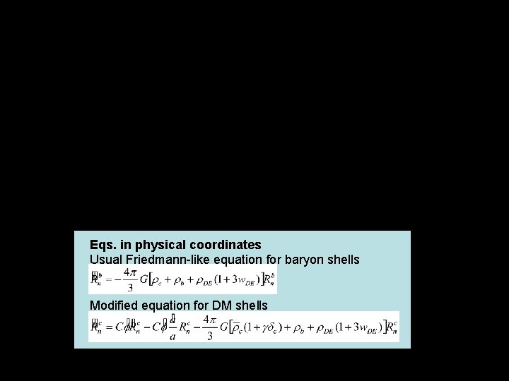 Eqs. in physical coordinates Usual Friedmann-like equation for baryon shells Modified equation for DM