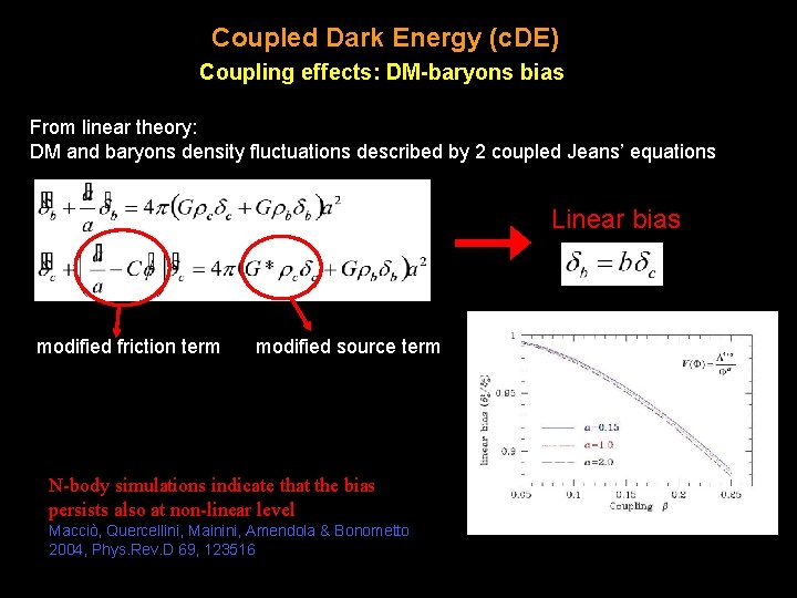 Coupled Dark Energy (c. DE) Coupling effects: DM-baryons bias From linear theory: DM and