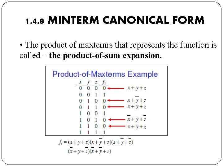 1. 4. 8 MINTERM CANONICAL FORM • The product of maxterms that represents the