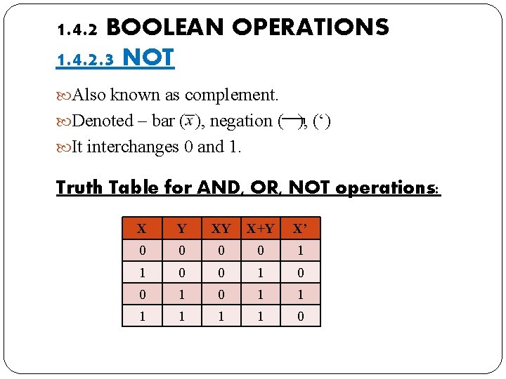 1. 4. 2 BOOLEAN OPERATIONS 1. 4. 2. 3 NOT Also known as complement.