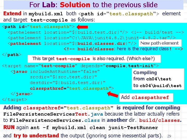 For Lab: Solution to the previous slide Extend in mybuild. xml both <path id="test.