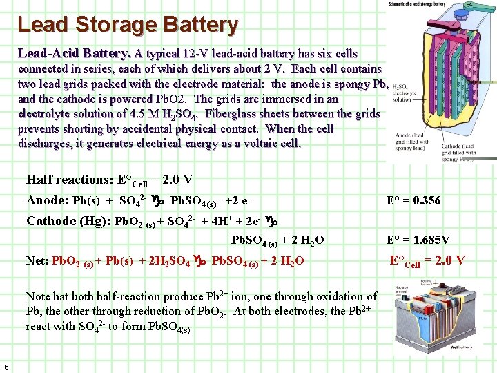 Lead Storage Battery Lead-Acid Battery. A typical 12 -V lead-acid battery has six cells