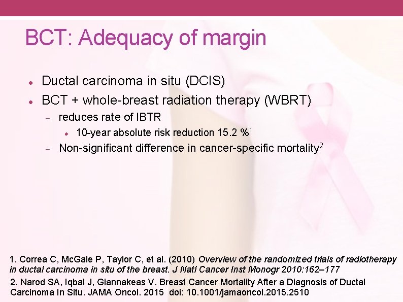 BCT: Adequacy of margin Ductal carcinoma in situ (DCIS) BCT + whole-breast radiation therapy