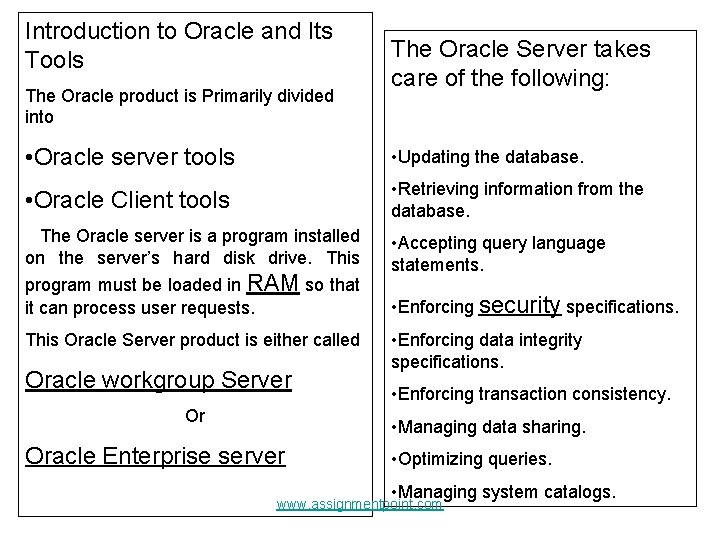 Introduction to Oracle and Its Tools The Oracle product is Primarily divided into The