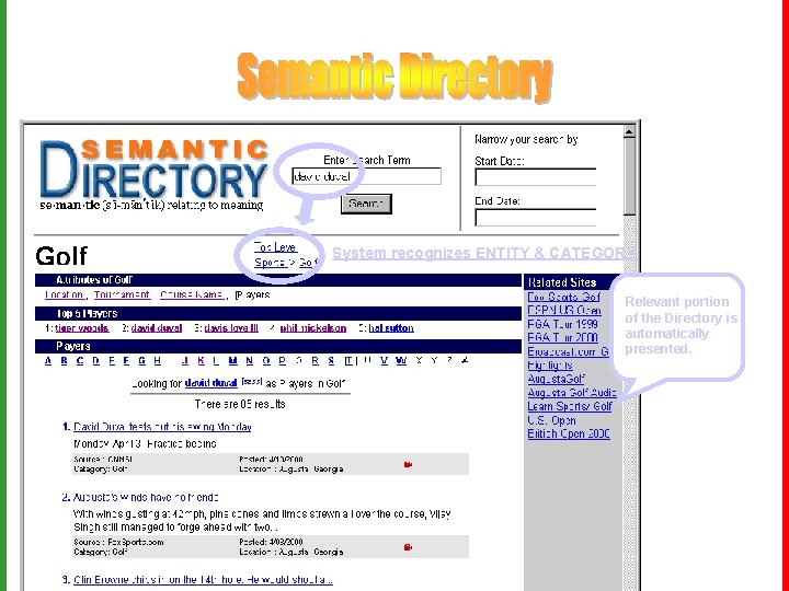 System recognizes ENTITY & CATEGORY Relevant portion of the Directory is automatically presented. 