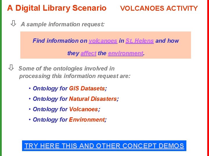 A Digital Library Scenario VOLCANOES ACTIVITY A sample information request: Find information on volcanoes