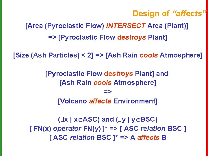Design of “affects” [Area (Pyroclastic Flow) INTERSECT Area (Plant)] => [Pyroclastic Flow destroys Plant]