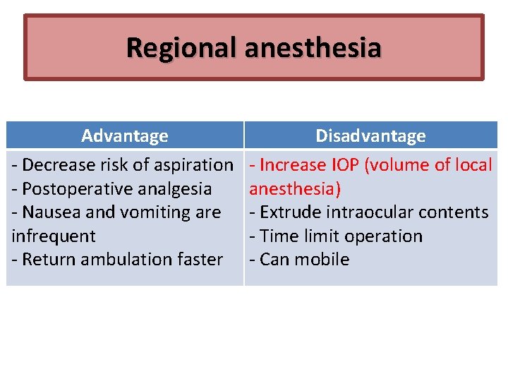 Regional anesthesia Advantage ‐ Decrease risk of aspiration ‐ Postoperative analgesia ‐ Nausea and