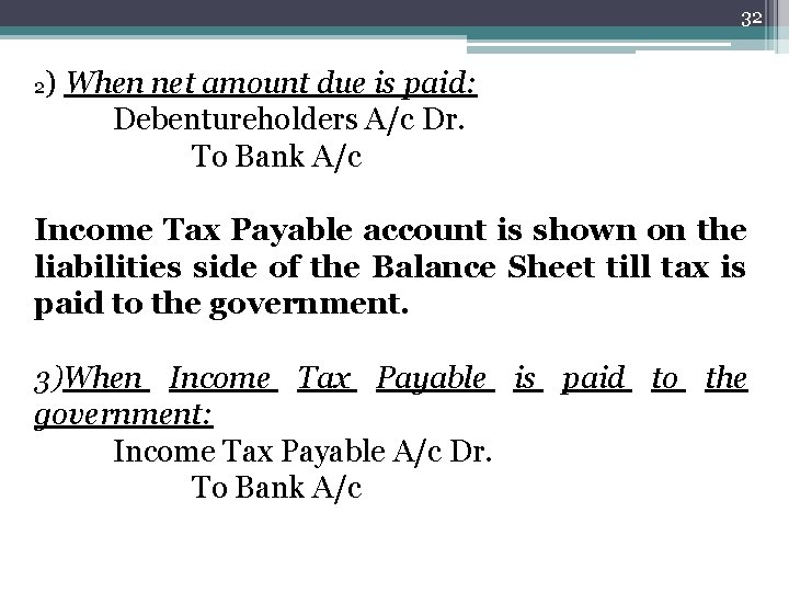 32 2) When net amount due is paid: Debentureholders A/c Dr. To Bank A/c