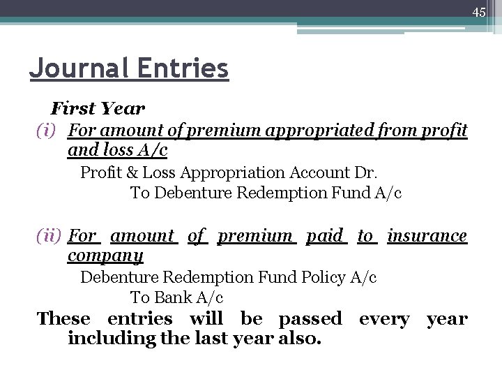 45 Journal Entries First Year (i) For amount of premium appropriated from profit and