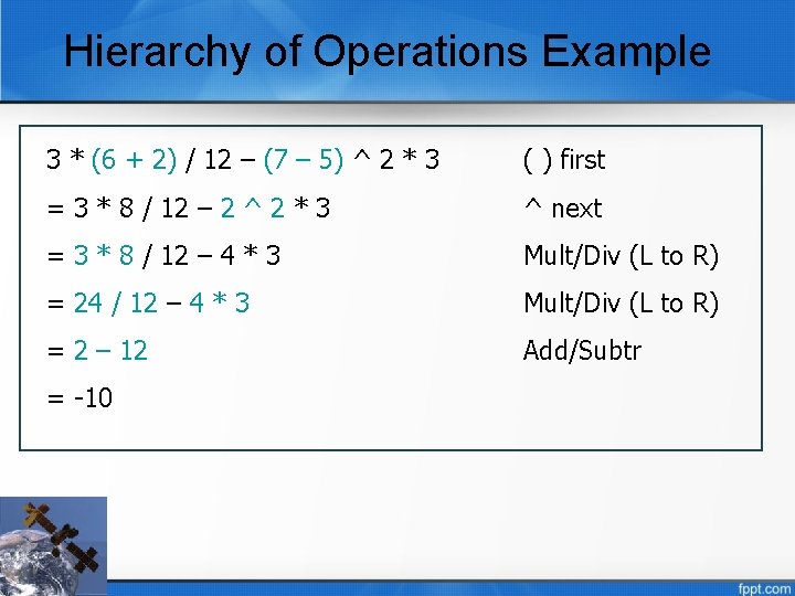 Hierarchy of Operations Example 3 * (6 + 2) / 12 – (7 –