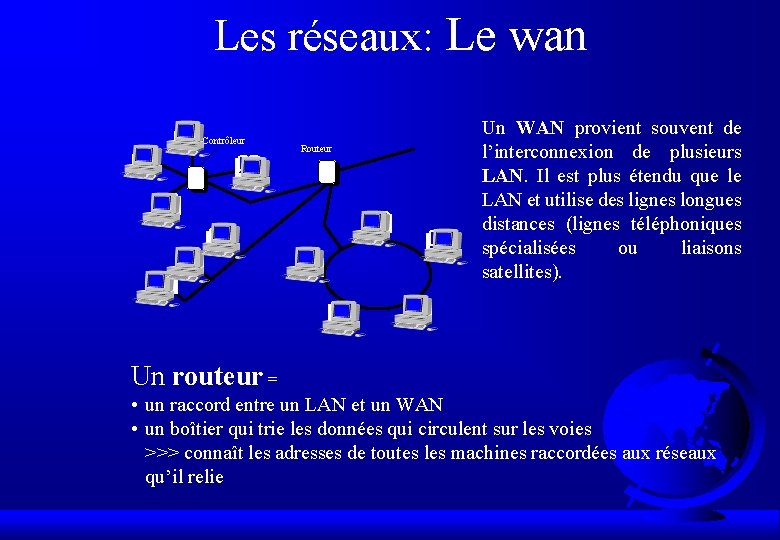 Les réseaux: Le wan Contrôleur Routeur Un WAN provient souvent de l’interconnexion de plusieurs