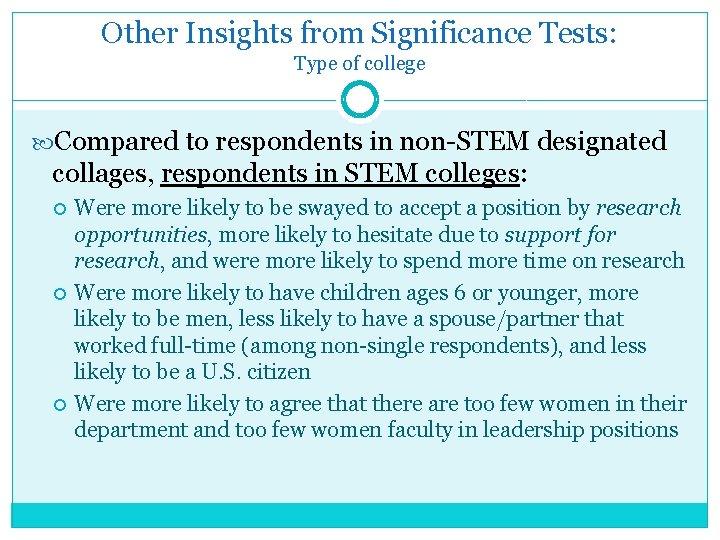 Other Insights from Significance Tests: Type of college Compared to respondents in non-STEM designated