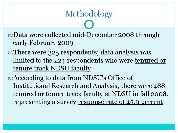 Methodology Data were collected mid-December 2008 through early February 2009 There were 325 respondents;