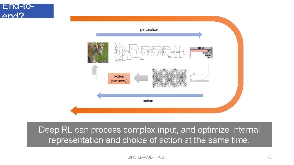 End-toend? Deep RL can process complex input, and optimize internal representation and choice of
