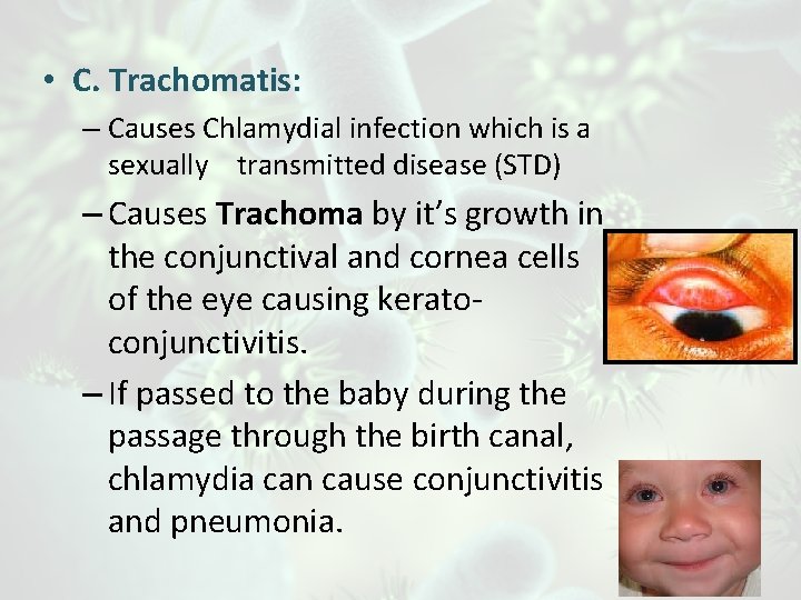  • C. Trachomatis: – Causes Chlamydial infection which is a sexually transmitted disease