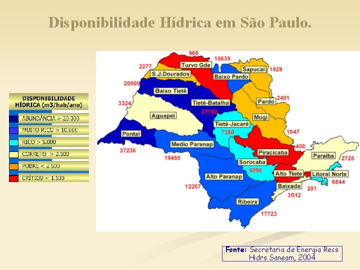 Disponibilidade Hídrica em São Paulo. Fonte: Secretaria de Energia Recs Hidrs Saneam, 2004 