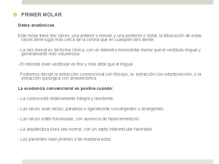  PRIMER MOLAR Datos anatómicos Este molar tiene dos raíces, una anterior o mesial,