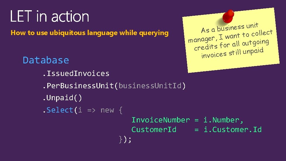 How to use ubiquitous language while querying Database unit s s e n i