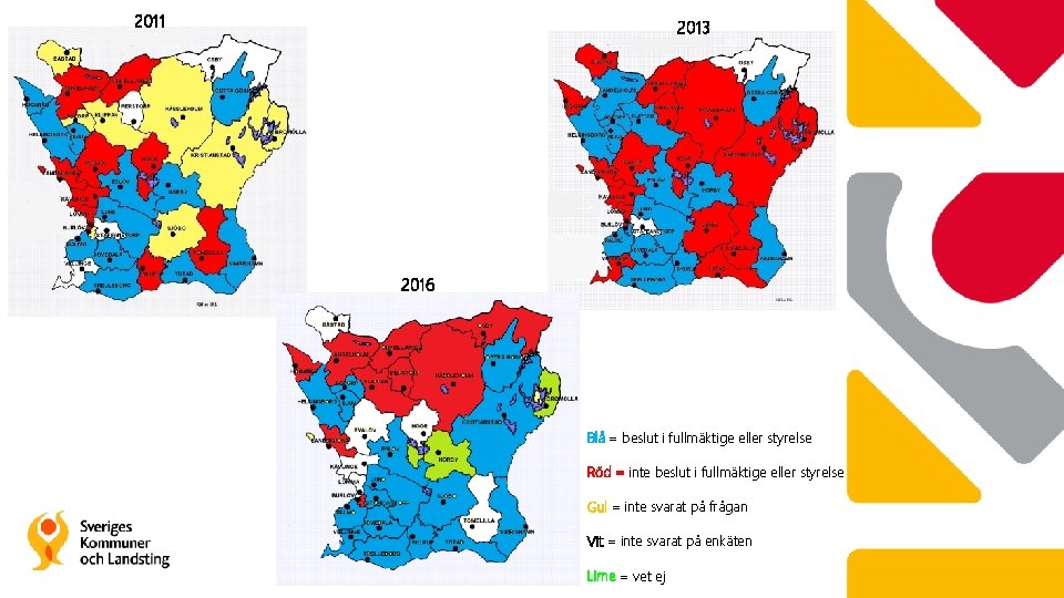2011 2013 2016 Blå = beslut i fullmäktige eller styrelse Röd = inte beslut