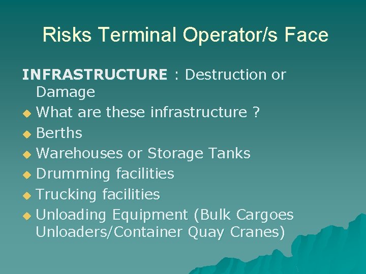 Risks Terminal Operator/s Face INFRASTRUCTURE : Destruction or Damage u What are these infrastructure
