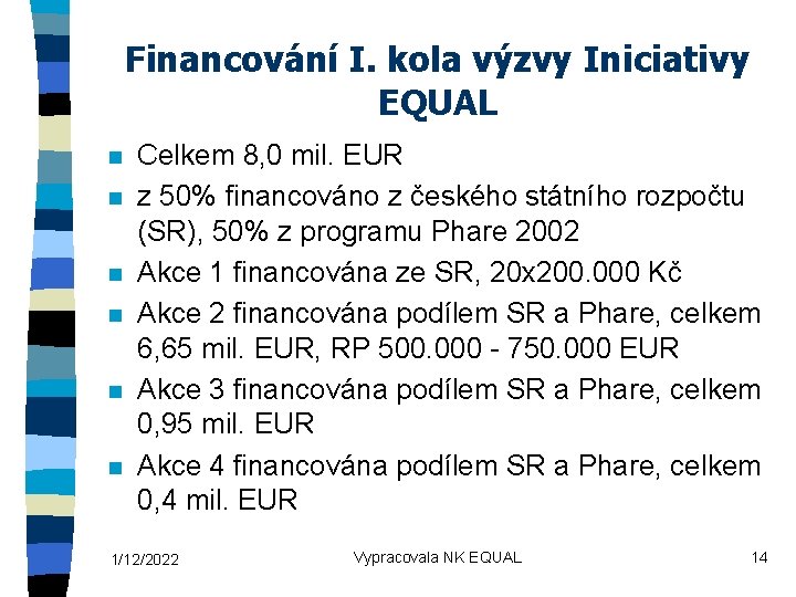 Financování I. kola výzvy Iniciativy EQUAL n n n Celkem 8, 0 mil. EUR