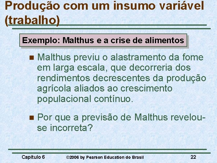 Produção com um insumo variável (trabalho) Exemplo: Malthus e a crise de alimentos n