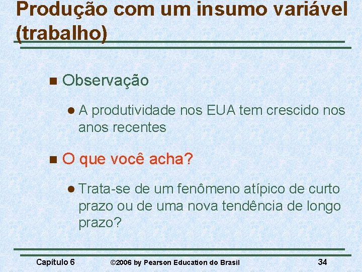 Produção com um insumo variável (trabalho) n Observação l. A produtividade nos EUA tem