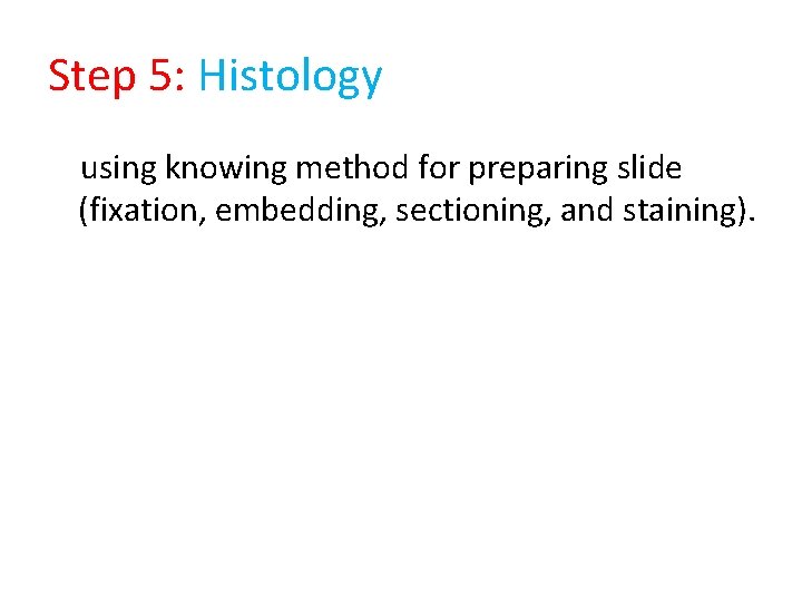 Step 5: Histology using knowing method for preparing slide (fixation, embedding, sectioning, and staining).
