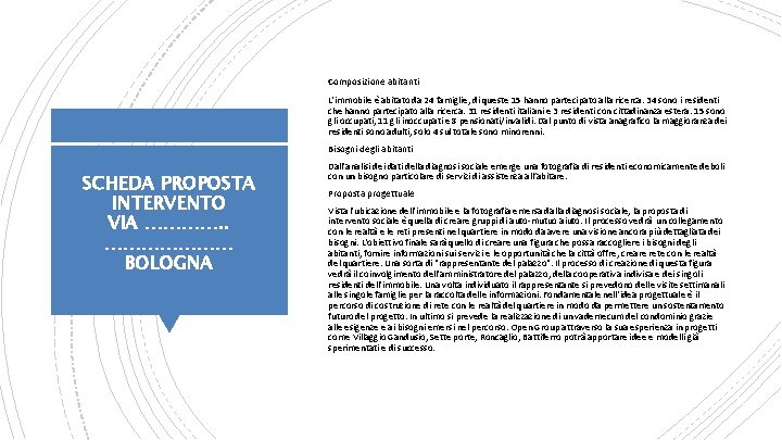 Composizione abitanti L'immobile è abitato da 24 famiglie, di queste 15 hanno partecipato alla