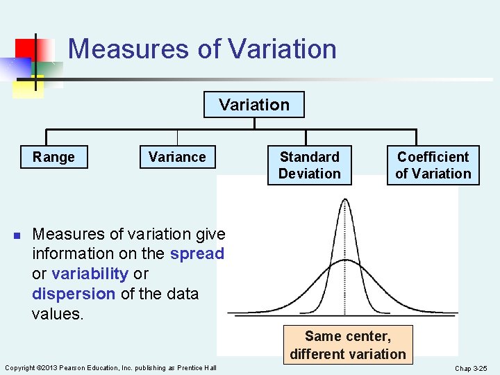 Measures of Variation Range n Variance Standard Deviation Coefficient of Variation Measures of variation