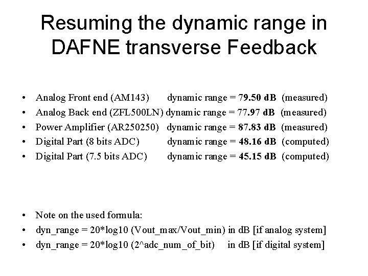 Resuming the dynamic range in DAFNE transverse Feedback • • • Analog Front end