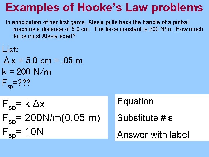 Examples of Hooke’s Law problems In anticipation of her first game, Alesia pulls back