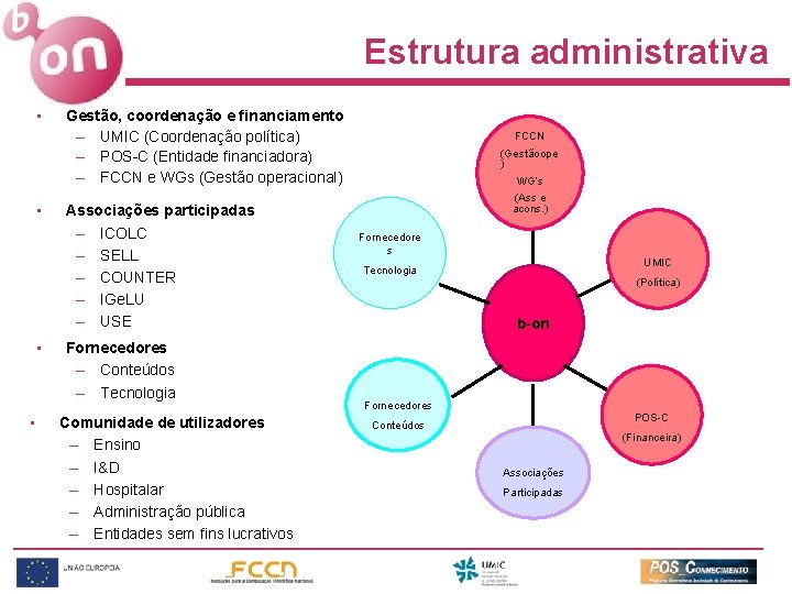 Estrutura administrativa • • Gestão, coordenação e financiamento – UMIC (Coordenação política) – POS-C
