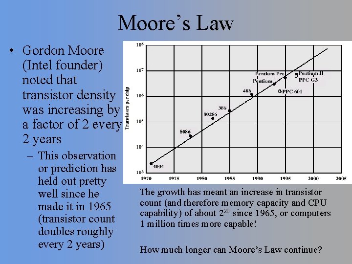 Moore’s Law • Gordon Moore (Intel founder) noted that transistor density was increasing by