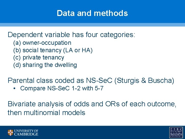 Data and methods Dependent variable has four categories: (a) owner-occupation (b) social tenancy (LA