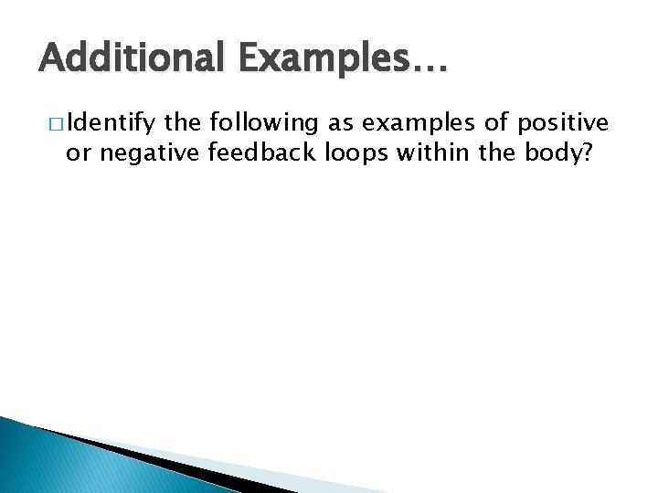 Additional Examples… � Identify the following as examples of positive or negative feedback loops Additional Examples… � Identify the following as examples of positive or negative feedback loops