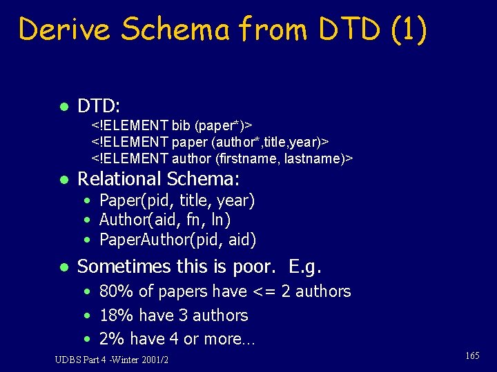 Derive Schema from DTD (1) l DTD: <!ELEMENT bib (paper*)> <!ELEMENT paper (author*, title, Derive Schema from DTD (1) l DTD: <!ELEMENT bib (paper*)> <!ELEMENT paper (author*, title,