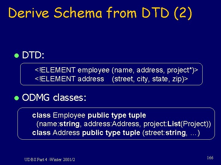 Derive Schema from DTD (2) l DTD: <!ELEMENT employee (name, address, project*)> <!ELEMENT address Derive Schema from DTD (2) l DTD: <!ELEMENT employee (name, address, project*)> <!ELEMENT address