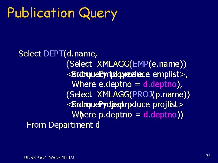Publication Query Select DEPT(d. name, (Select XMLAGG(EMP(e. name)) <subquery From Employee to produce e Publication Query Select DEPT(d. name, (Select XMLAGG(EMP(e. name)) <subquery From Employee to produce e