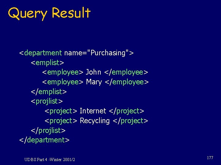 Query Result <department name="Purchasing"> <emplist> <employee> John </employee> <employee> Mary </employee> </emplist> <project> Internet Query Result <department name="Purchasing"> <emplist> <employee> John </employee> <employee> Mary </employee> </emplist> <project> Internet