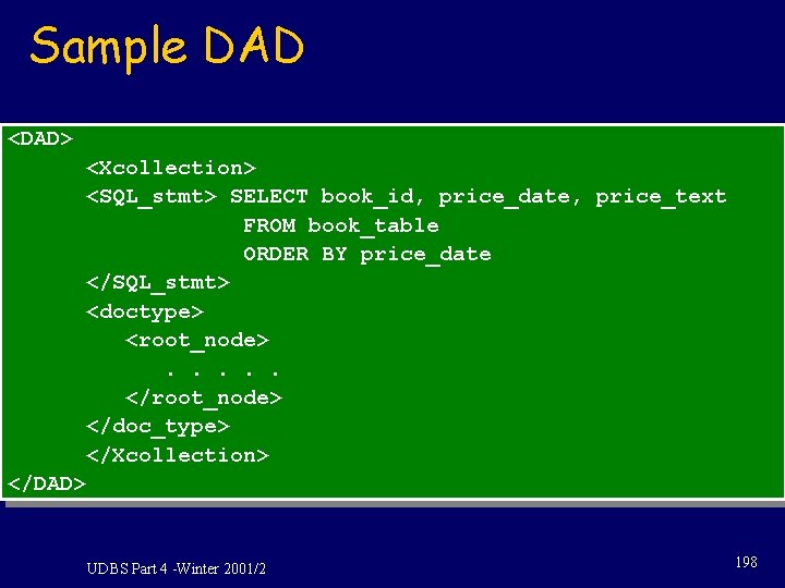 Sample DAD <DAD> <Xcollection> <SQL_stmt> SELECT book_id, price_date, price_text FROM book_table ORDER BY price_date Sample DAD <DAD> <Xcollection> <SQL_stmt> SELECT book_id, price_date, price_text FROM book_table ORDER BY price_date